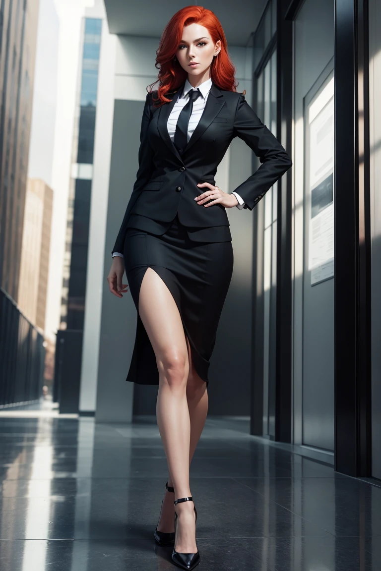 full body shot of stunning tall female corporation CEO, red hair, black blazer, tie, skirt, sexy, confident look, (holgram ball in hand), (relaxed pose),