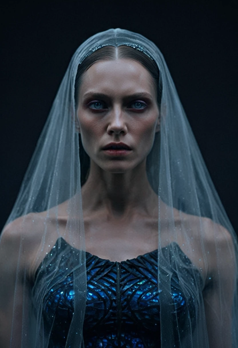 Fashionable of androgynous alien looking witch wearing veil, glowing eyes, beautiful evil slavic muscular woman, pale skin, futuristic design, minimal details, givenchy, photoreal, 200mm, hd, f/ 2.0, highly detailed, surreal , drop dead, in the style of red and blue, (intricate details, hyperdetailed:1.15) (skin texture:1.2), cinematic, professional, 4k, dynamic model pose, sitting, full body