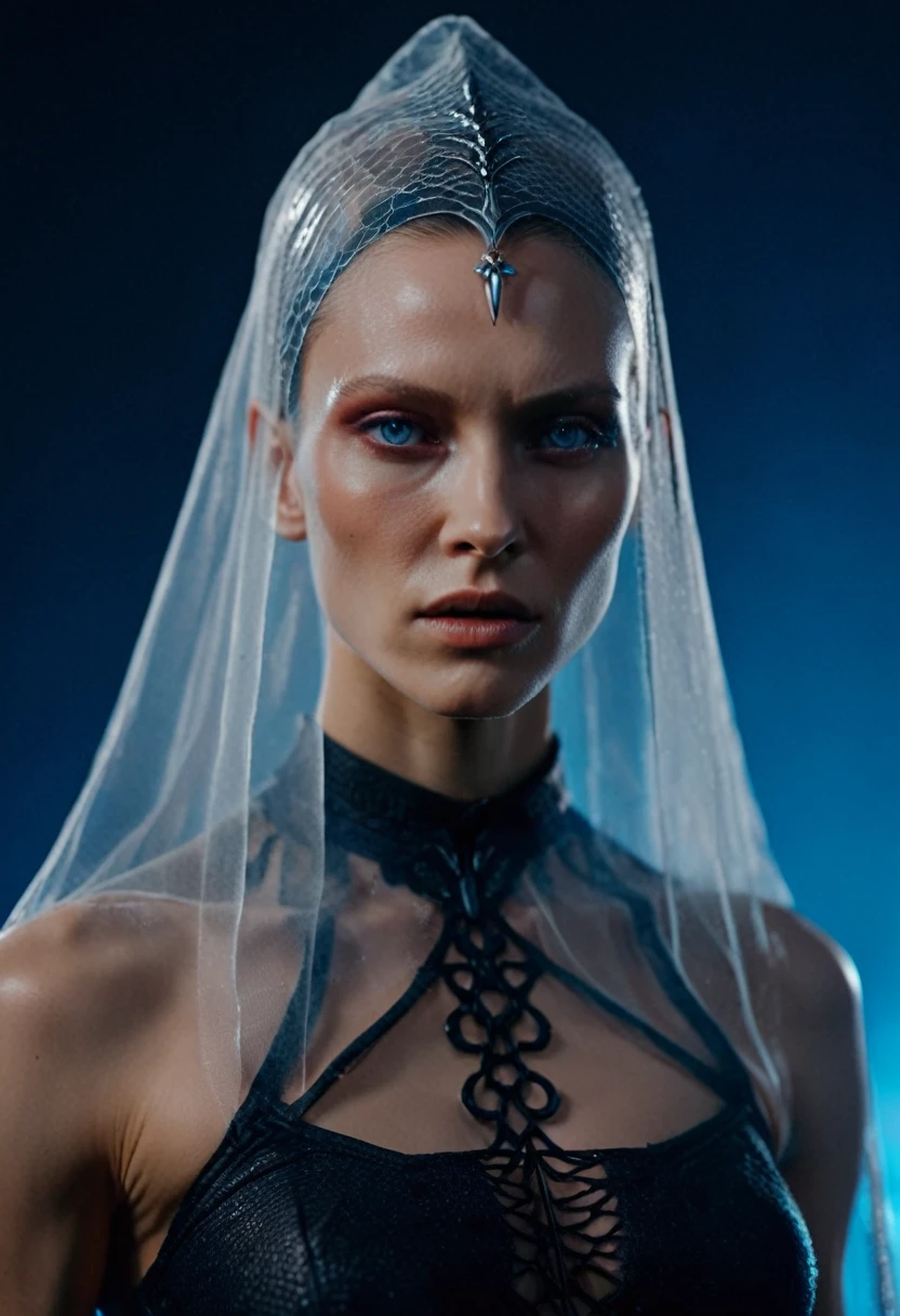 Fashionable of androgynous alien looking witch wearing veil, glowing eyes, beautiful evil slavic muscular woman, pale skin, futuristic design, minimal details, givenchy, photoreal, 200mm, hd, f/ 2.0, highly detailed, surreal , drop dead, in the style of red and blue, (intricate details, hyperdetailed:1.15) (skin texture:1.2), cinematic, professional, 4k, dynamic model pose, sitting, full body