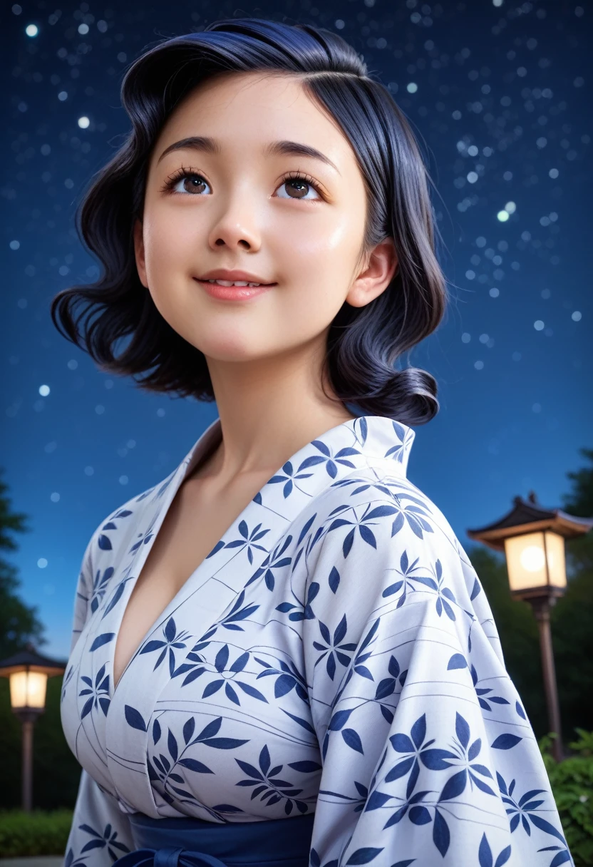 score_9,score_8_up,score_7_up,masterpiece,best quality, source anime, realistic, super detailed, extreme detailed, rating_safe,
1girl, looking up, light smile, (sad:0.5), from below,
BREAK girl, 22yo, short hair, bob cut, (blunt bangs), black hair, (tareme, detailed cute brown eyes), curled eyelashes, (large breasts:0.9),
shiny hair, beautiful detailed eyes, beautiful face,
yukata, outdoors, grasslands, plain, summer, night, beautiful sky, ((Milky Way)), night, star night, particle lighting,,