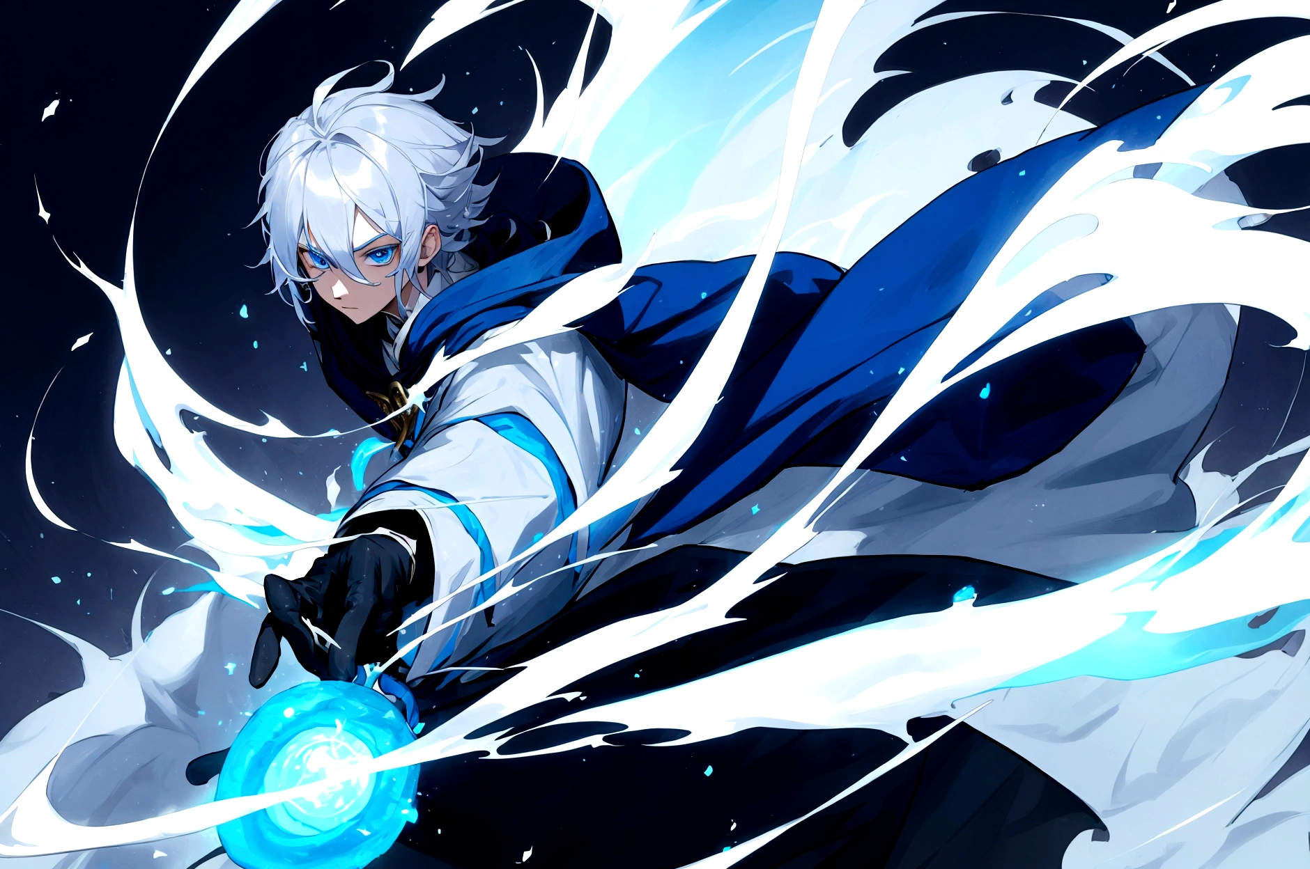 Sorcerer Divine Soul man, he has a silver hair and blue eyes, he wear a hood and wear gloves.