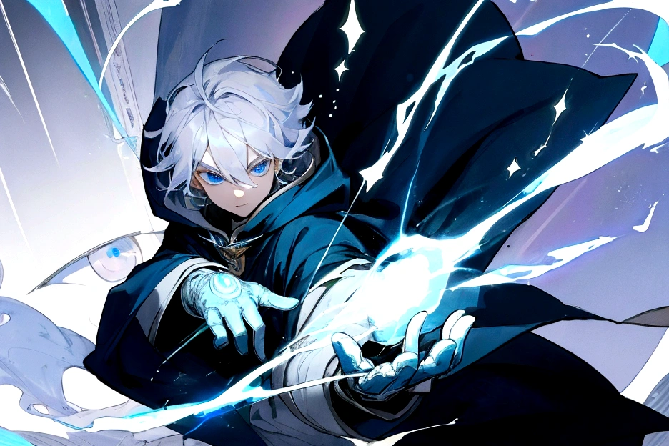 Sorcerer Divine Soul man, he has a silver hair and blue eyes, he wear a hood and wear gloves.