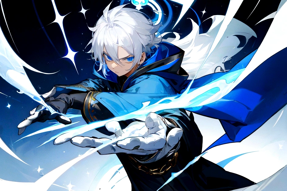 Sorcerer Divine Soul man, he has a silver hair and blue eyes, he wear a hood and wear gloves.