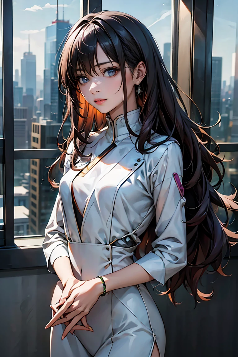 「A 20-year-old young female pilot、Height: 165cm、She has long wavy silver hair and deep purple eyes.。With skin as white as porcelain、His calm and intelligent expression exudes kindness.。Wearing an elegantly designed futuristic suit、Silver and purple accents。A shiny bracelet on his left wrist、She has a small earring in her right ear.。The background is a futuristic cityscape seen from a room in a high-rise building.、Outside the window, the night city spreads out。In a standing position、Hold the window frame lightly with one hand、Gazing into the distance。He exudes an air of keen intelligence and deep compassion.。」)