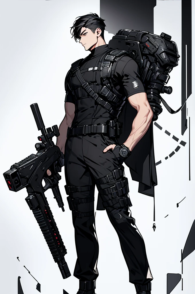 masterpiece, very detailed, 4K, 8K, 32,000, convoluted, (((1st son))), ((black hair)), ((no background)), white background, 20 years old, (((the same character))), dynamic pose,Modern clothing, Detailed clothes, (slim body), (camera focused on face in profile) (cold colors dim lighting) black hair eyes black (perfect face) ,character design police man, full body, black hair, Composition looking straight ahead, standing posture, soldier, {full body}, handsome, short sleeves, ((Posture of covering head with hands))