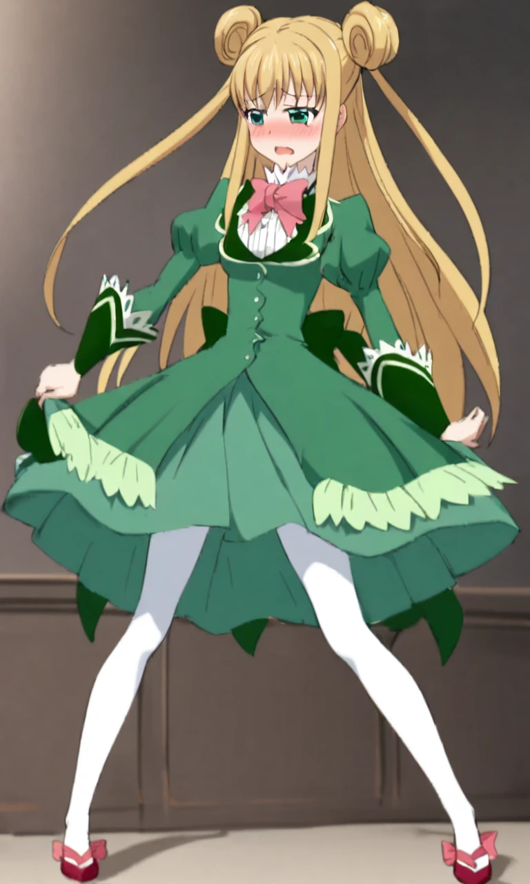 1girl, standing, from before Cecilia, blonde hair, tailbone length hair, masturbation，green dress，  two buns, white pantyhose, red slippers，very long legs，hand between legs，spread legs，small ass