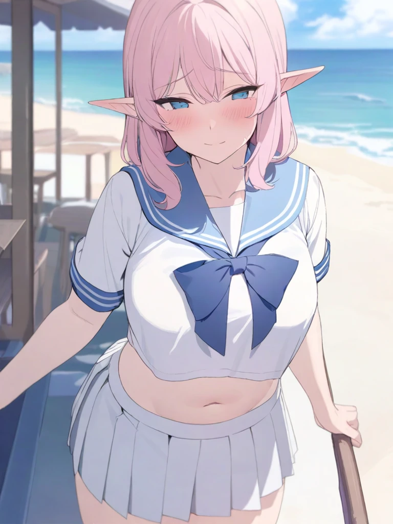 masterpiece, best quality, high quality, beautiful anime character, solo, anime girl with pink hair, soft hair, medium length hair, blue eyes, elf ears, big breasts, mature female, tall female, big girl, thick, (shy face, blush, light smile, loving eyes), outdoors, (sailor uniform, ribbon, pleated skirt), beach background, standing, slim thick, short medium hair, navel, short sleeves, 