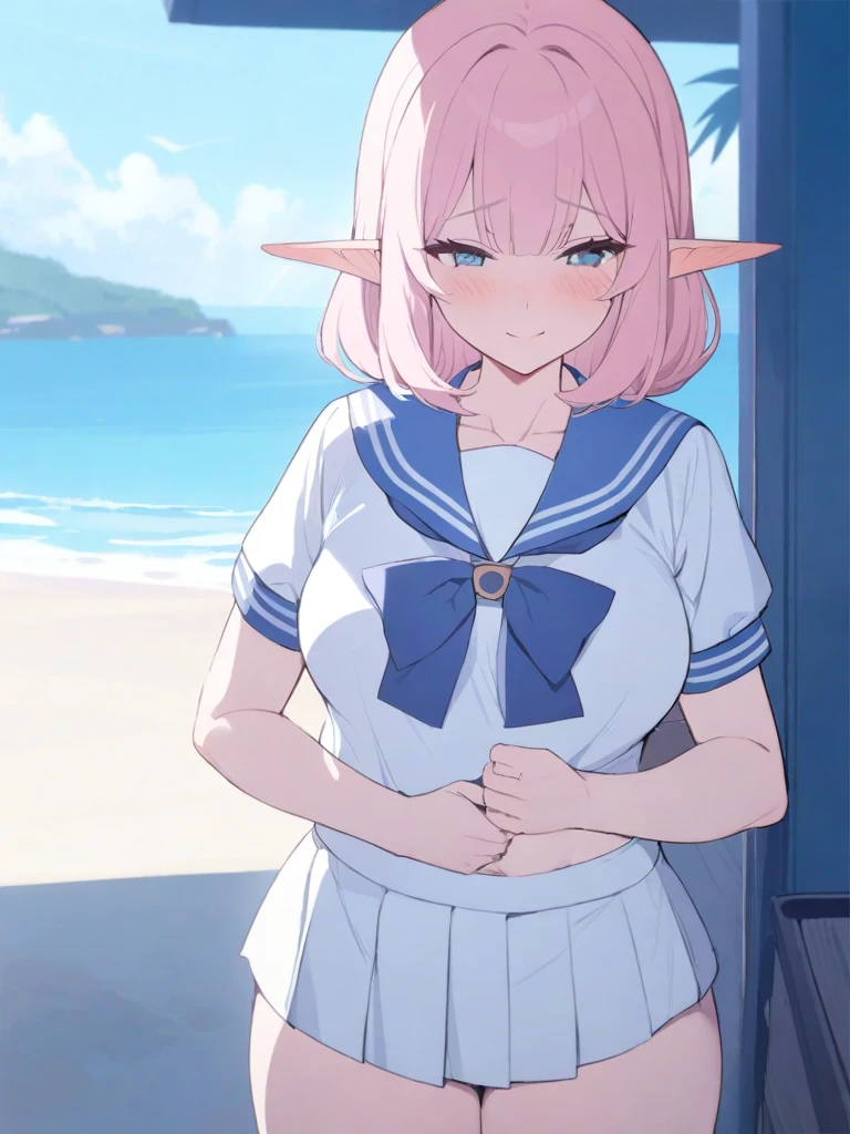 masterpiece, best quality, high quality, beautiful anime character, solo, anime girl with pink hair, soft hair, medium length hair, blue eyes, elf ears, big breasts, mature female, tall female, big girl, thick, (shy face, blush, light smile, loving eyes), outdoors, (sailor uniform, ribbon, pleated skirt), beach background, standing, slim thick, short medium hair, navel, short sleeves,