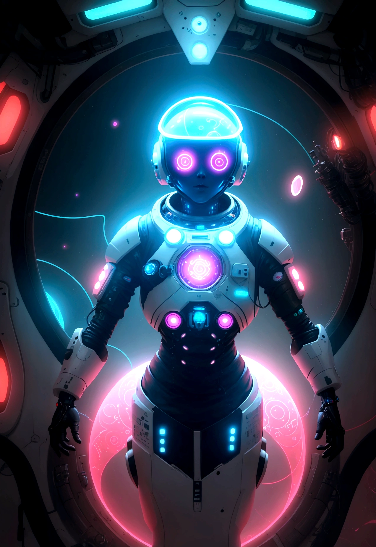A cybernetic astronaut floats in a surreal landscape of neon fractals and bright glyph patterns.