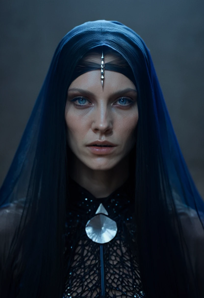 Fashionable of androgynous alien looking witch wearing veil, glowing eyes, beautiful evil slavic muscular woman, pale skin, long dark blond hair, futuristic design, minimal details, givenchy, photoreal, 200mm, hd, f/ 2.0, highly detailed, surreal , drop dead, in the style of red and blue, (intricate details, hyperdetailed:1.15) (skin texture:1.2), cinematic, professional, 4k, dynamic model pose, sitting, full body