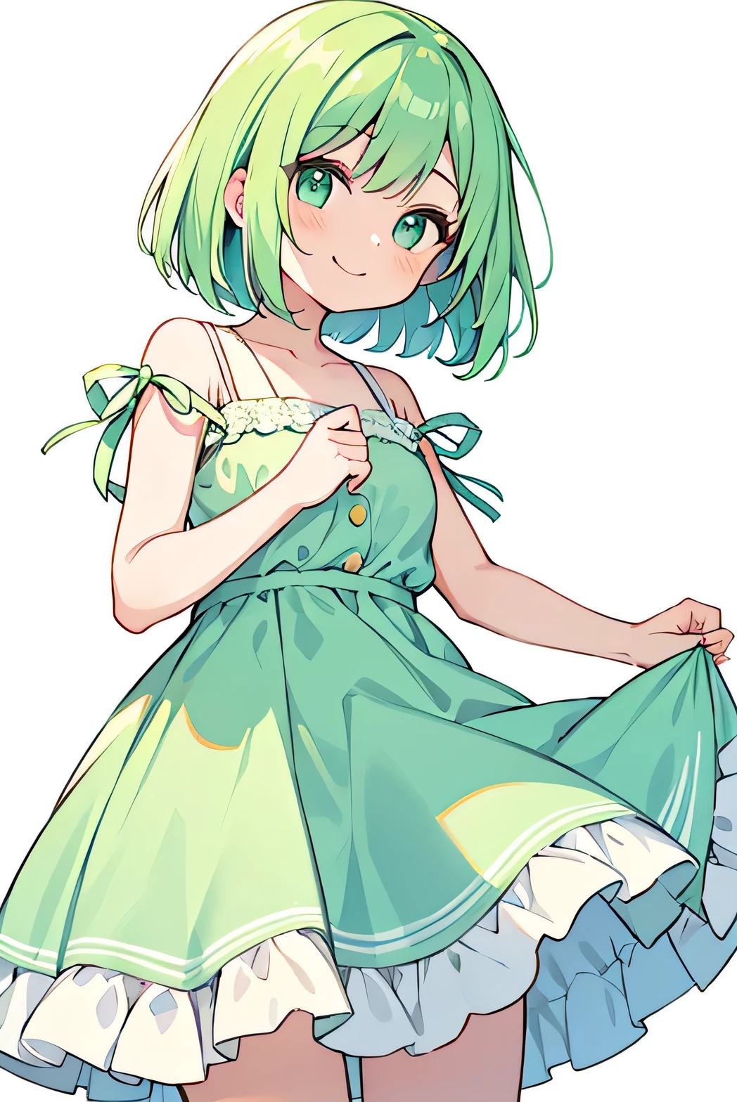 girl,Smiling face,Put your hands together,Mint green hair,Bob Hair,Summer dress,White background