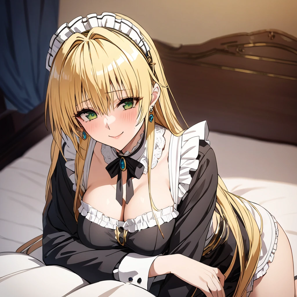 The luxurious and high-class Victorian maid outfit is evenly decorated with gorgeous gold embroidery and edging, and the blouse, apron, and headband also have gorgeous gold embroidery and edging.、((Highest quality)), ((masterpiece)), (detailed), (Perfect Face)、The woman is Tierre, with green eyes, medium-long blonde hair, a Victorian maid outfit and maid headband, jeweled earrings, and an engagement ring.、The woman is smiling fondly in a luxurious room、The Victorian maid uniform is a calm, old-fashioned type with long sleeves and a long skirt, decorated with luxurious gold embroidery and edging.、The woman is lying on the bed with her legs open, inviting sex.