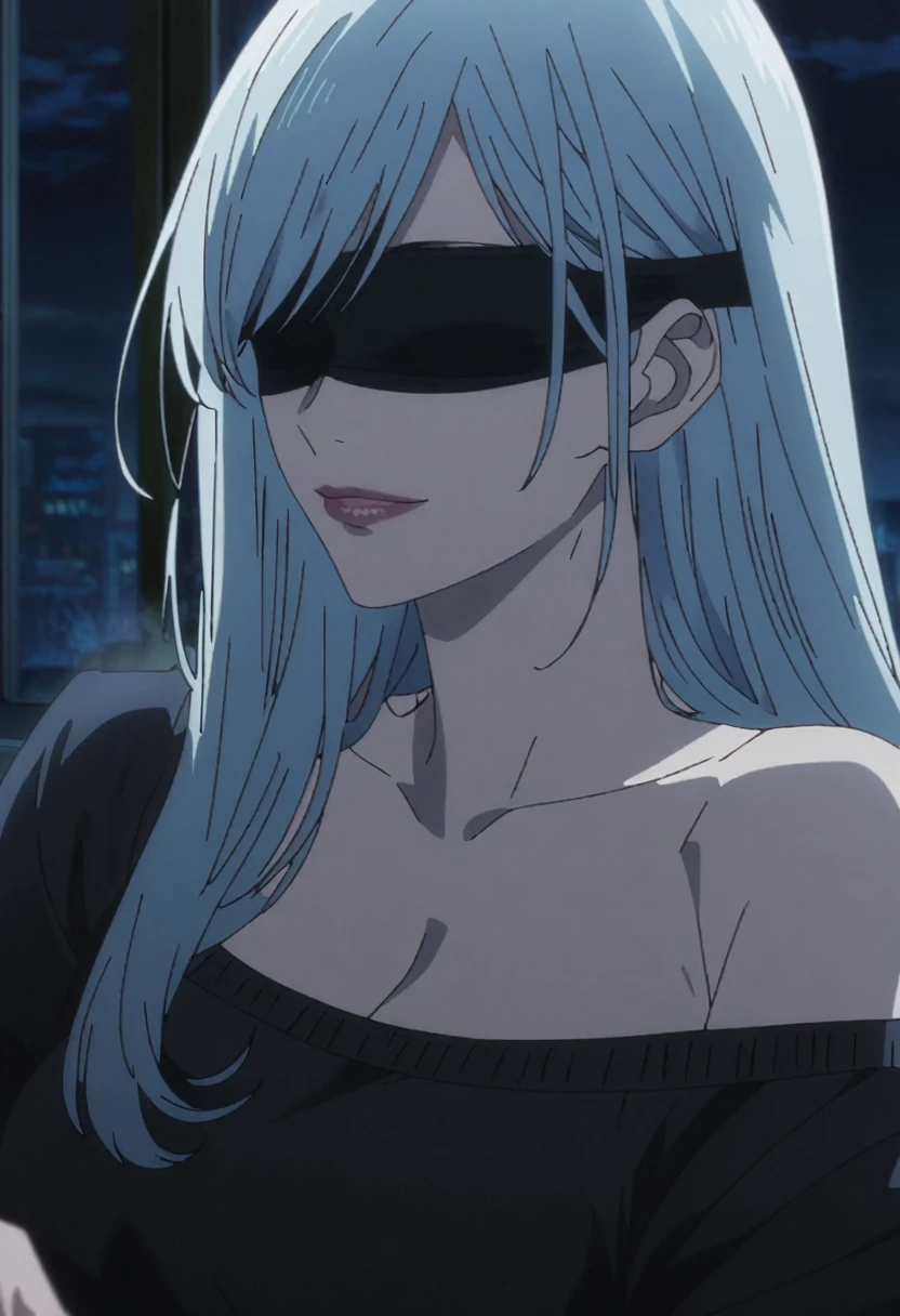 1girl, female gojo satoru, anime screencap from jujutsu kaisen, gojo satoru female version, solo, very long_hair, ((smooth texture hair)) ((black blindfold)), ((very long white_hair)), night view, breasts, upper_body, smile, indoors, book, bangs, lips (( very long hair, swept bangs)) wearing black color sweater off the shoulder, breast, "very detailed and high resolution" (black blindfold) ((one hand on the chin)) ((smooth texture hair)) ((solo)) ((high resolution)) ((upper body)) (Good quality) cleavage, (sitting)
