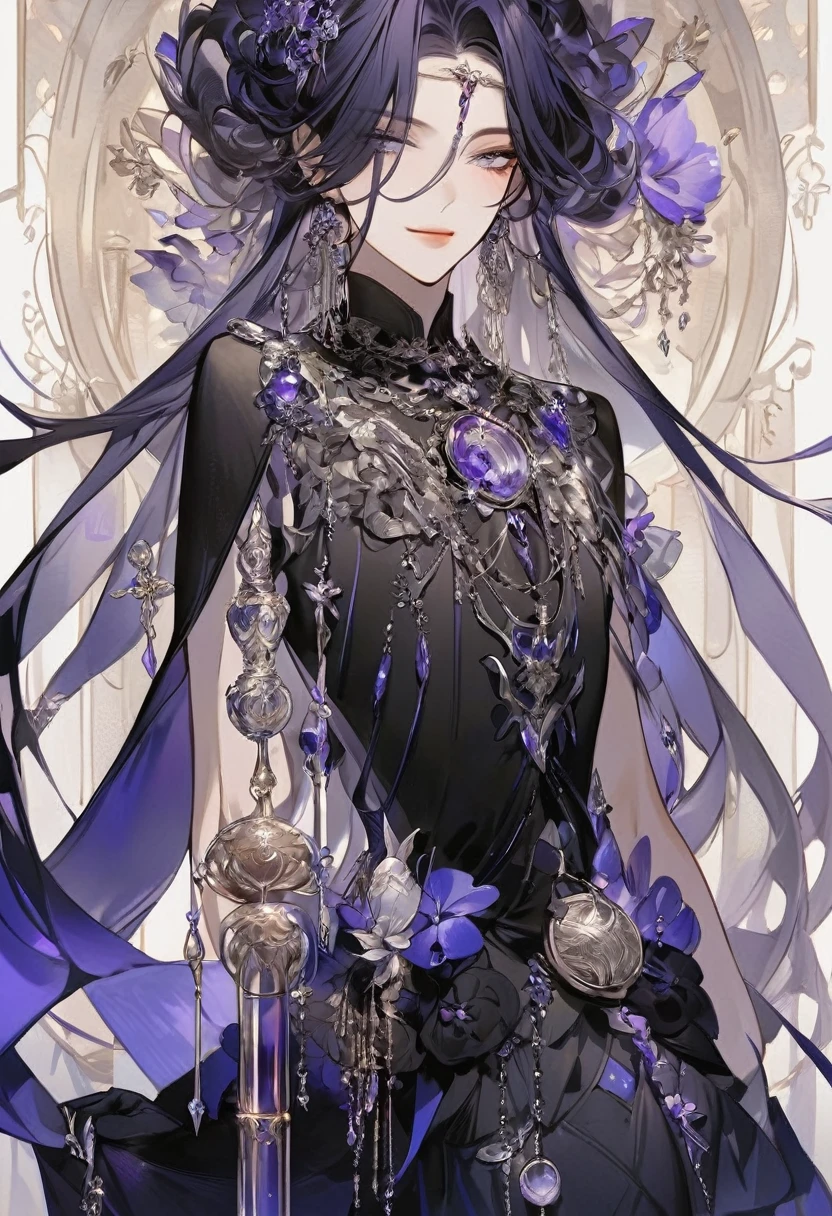 Feminine boy, soft womanish facial features, smile, squinted siren dark blue eyes without glare, silver and dark purple long loose hair with straight bang, fantasy black clothes with blue and purple elements, long black gloves, model, gorgeous, elegant, lots of silver jewelry, flowers in his hair, skinny body, hourglass figure, light lipstick