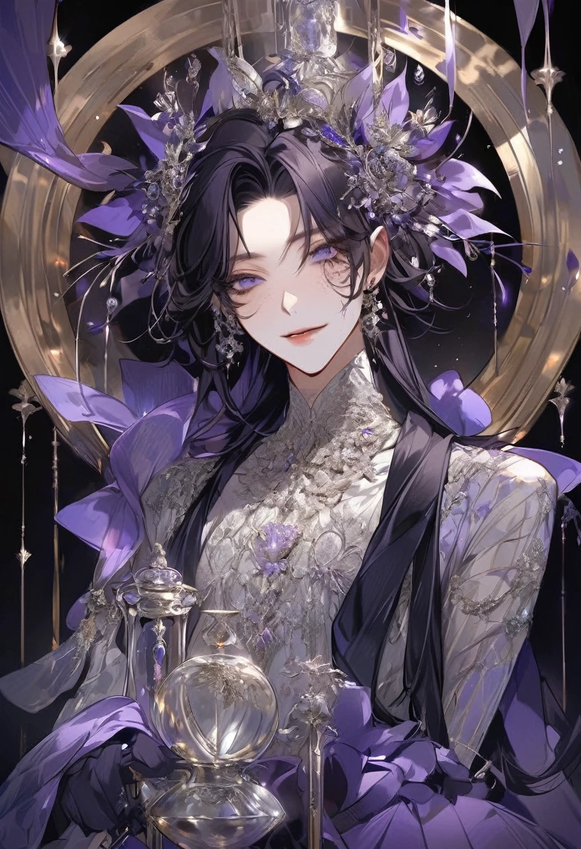 Feminine boy, soft womanish facial features, smile, squinted siren dark blue eyes without glare, silver and dark purple long loose hair with straight bang, fantasy black clothes with blue and purple elements, long black gloves, model, gorgeous, elegant, lots of silver jewelry, flowers in his hair, skinny body, hourglass figure, light lipstick