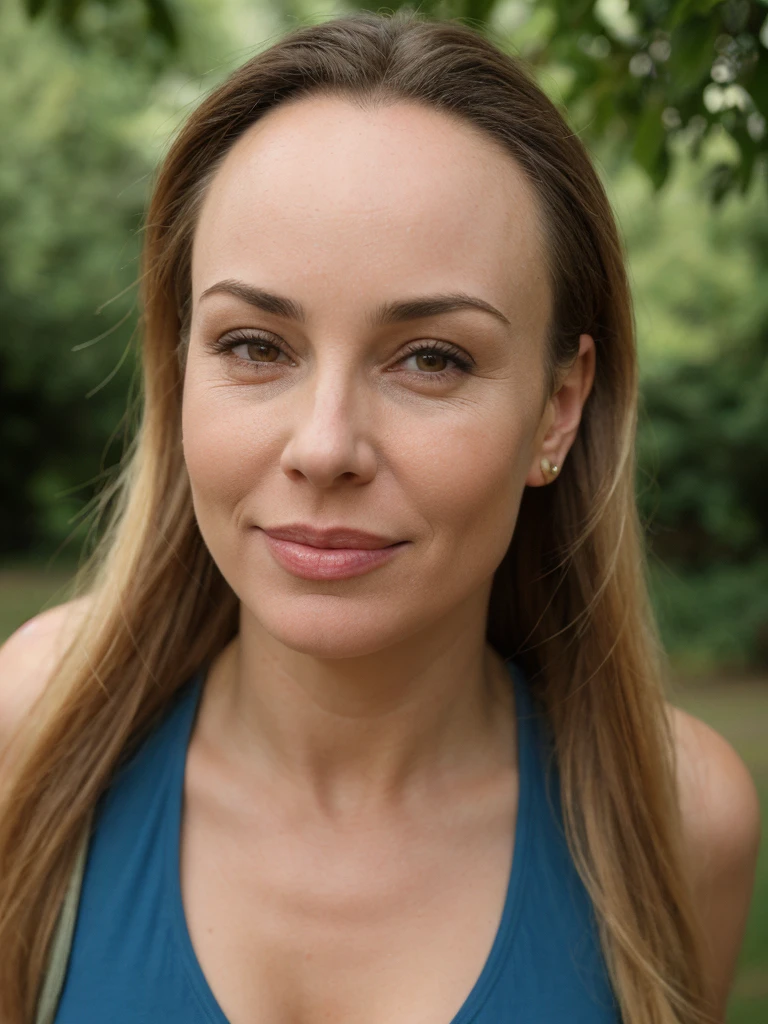 1 girl, (((Gretchen Barretto))), photorealistic photo of Gretchen Barretto, photo of a Swedish woman, (((full lips and wide forehead))), middle age, ((( blonde straight long hair))), (((50-year-old woman))), body of 45-year-old woman, (((wrinkles on her face and body))), (((full body shot))), ((in a lively setting of a park, she stands seductively, embodying a blend of outdoor adventure and urban chic. The bike stand far before her, adorned with a variety of bicycles in different colors and styles, serves as a focal point against the backdrop of lush greenery and vibrant flowers)), (((dynamic pose))), (((outfit: a lightweight, breathable top paired with comfortable shorts ))), she is looking at the camera smiling, (((cleavage)))