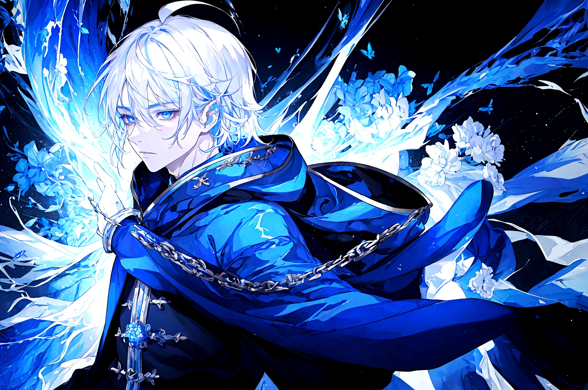 Sorcerer Divine Soul man, he has a silver hair and blue eyes, he wear a hood and wear gloves.
