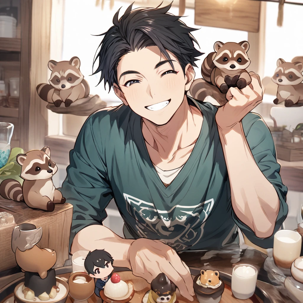 Man, pants, black hair, short hair, smiling, raccoon figurine