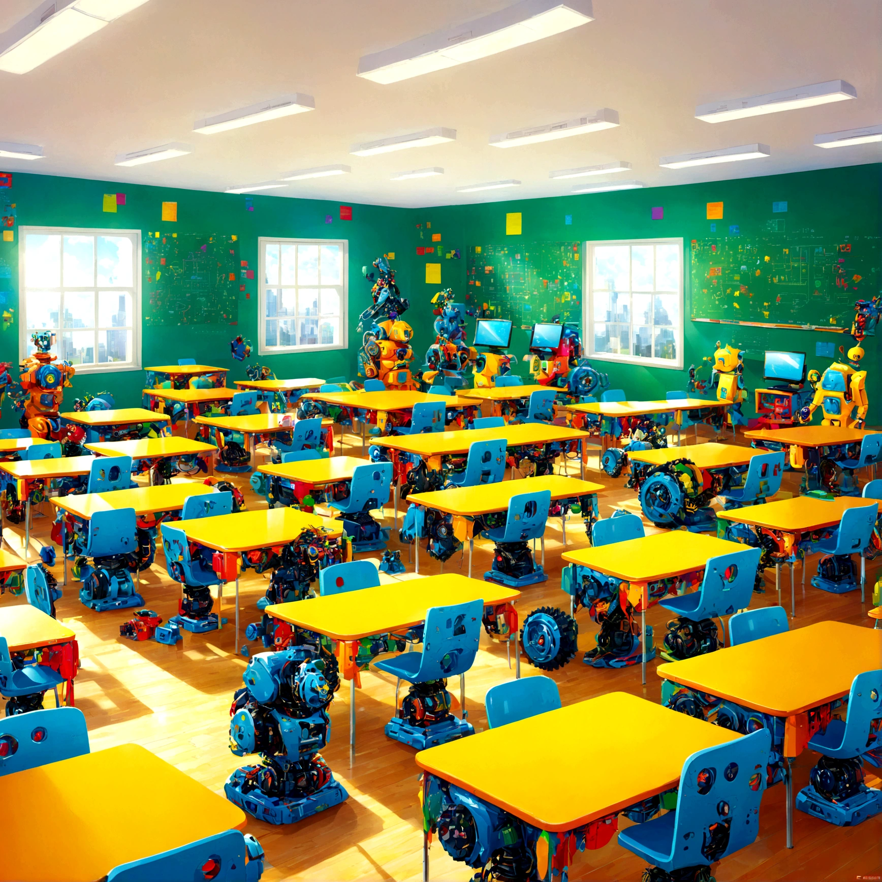 Bright classroom, machine, computer, block, robot, gear, Programming code, future, technology, creativity, Amusement
