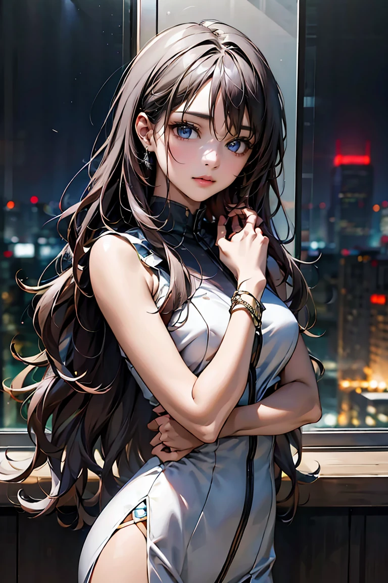 「A 20-year-old young female pilot、Height: 165cm、(She has long wavy silver hair and deep purple eyes.)。With skin as white as porcelain、His calm and intelligent expression exudes kindness.。Wearing an elegantly designed futuristic suit、Silver and purple accents。A shiny bracelet on his left wrist、She has a small earring in her right ear.。The background is a futuristic cityscape seen from a room in a high-rise building.、Outside the window, the night city spreads out。In a standing position、Hold the window frame lightly with one hand、Gazing into the distance。He exudes an air of keen intelligence and deep compassion.。」)