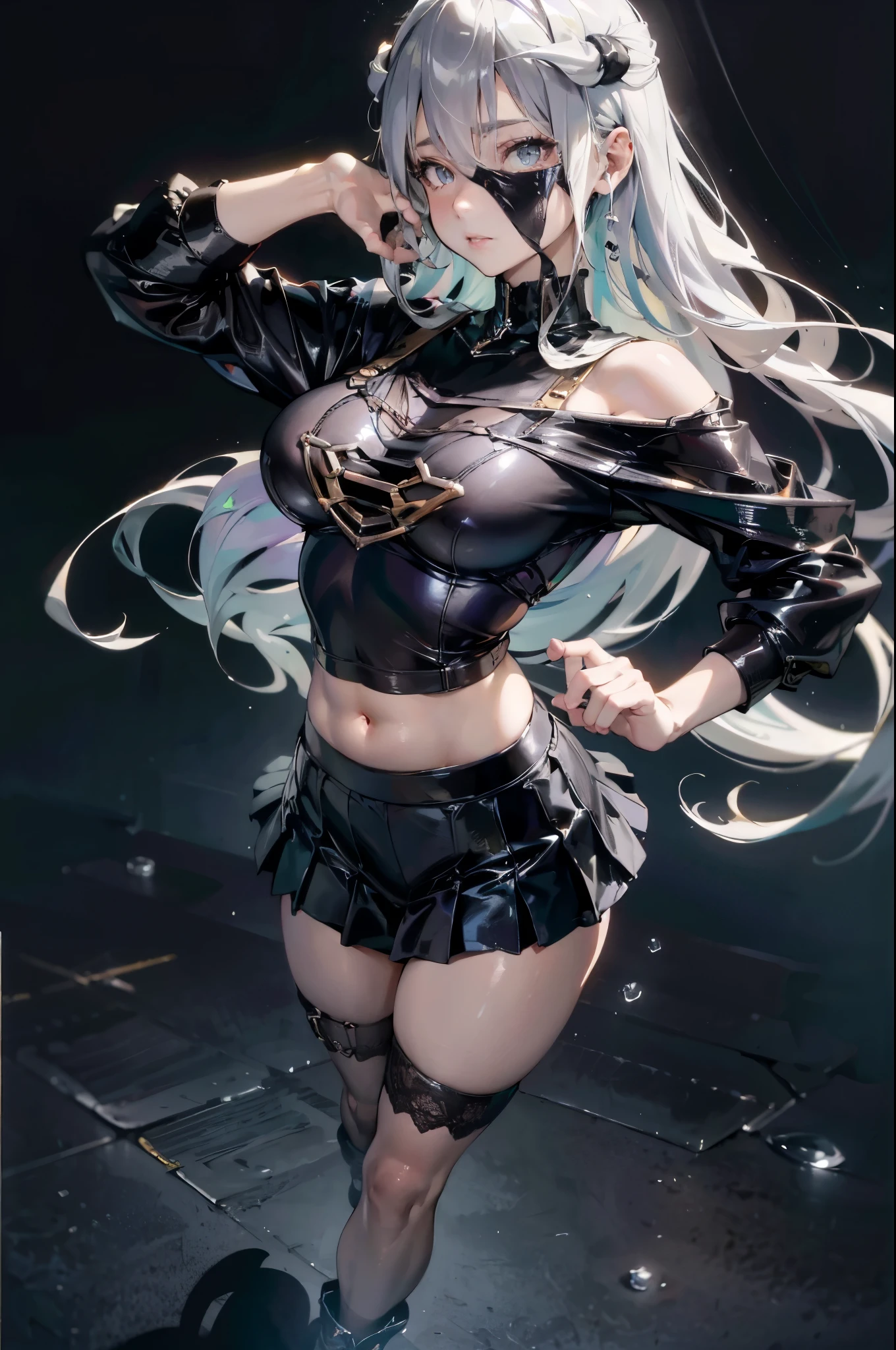{{illustration}},{{{masterpiece}}}},{{best quality}},{{Official Art}},{Extremely detailed CG unity 8k wallpaper}}},{{Art Book,Art Books}}},1 Girl, White hair, White purple eyes, All black clothes, Long hair, Dead White, Tactical Vest, earphone, cute Face, Solitary , loli Face, Solitary, illustration, Umbilical cord, Sexy Clothing, Face, Pleated Skirt, permanent painting, whole body, Black boots, Small and medium breasts, permanent, Dynamic poses, whole body in pictures, Lace-up, Cute girl, Slim body, Black silk, Character setting diagram, Reference table, Standing picture, Sleeves, Official Art, The original, Sexy, Good shape, The Art of Simplicity,huge , Crazy breast swelling, Chest larger than shoulder blades, Big breasts and thin waist,(huge breasts:1.2),Hydrated skin((rogue))((非常huge乳房)),((Grooves reveal original skin))