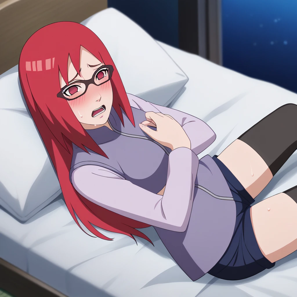 Red hair, 1 Girl, Glasses, Long hair, Red Eyes, Solitary, Umbilical cord, Looking at the audience,No students, Japanese cartoons screencap, Japanese cartoons coloring,src_Japanese cartoons,Naruto \(series\), Naruto shippuuden,((blush,nervous,Vision,))masterpiece, absurd , (Intricate details), (Colorful), light, Extremely detailed CG unity 8k wallpaper ,1 Girl, solo,(shy,Lying on the sofa,Plush Toys,,night,blush,nervous,Sweating,蕾丝dress, ),sweat,blush,blush1.5,Blush,Medium chest,((dress,Vest,shorts,Black stockings,luxurious hotel,night,)),(dress,Suspenders,shorts,Lying in bed,Uncomfortable expression,Mouth open,spit),((无肩带dress,)),((Sailor Suit,))