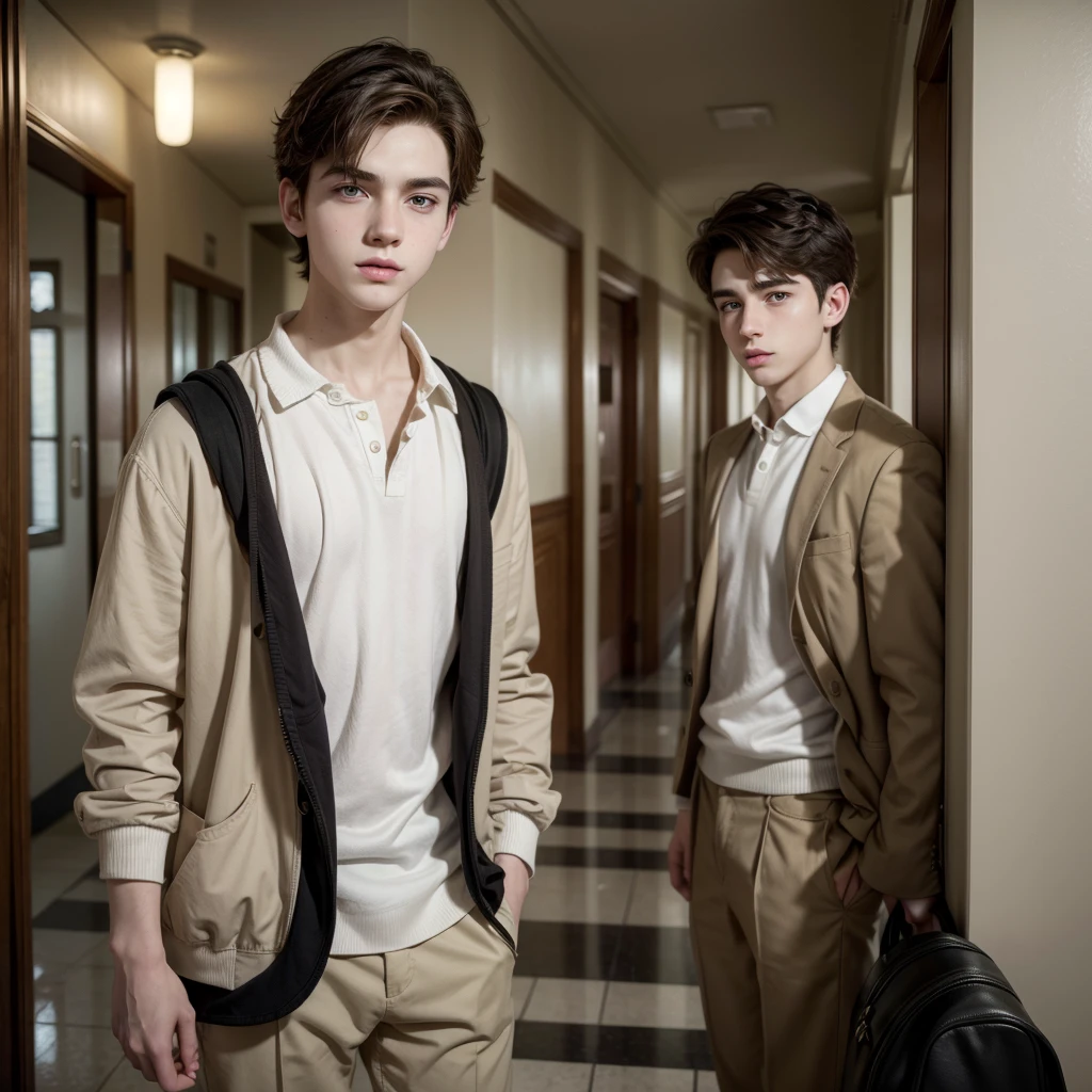 attractive boy, of Brown hair, Brown eyes, pale skin, Delgado, high, dressed in , background a school hallway