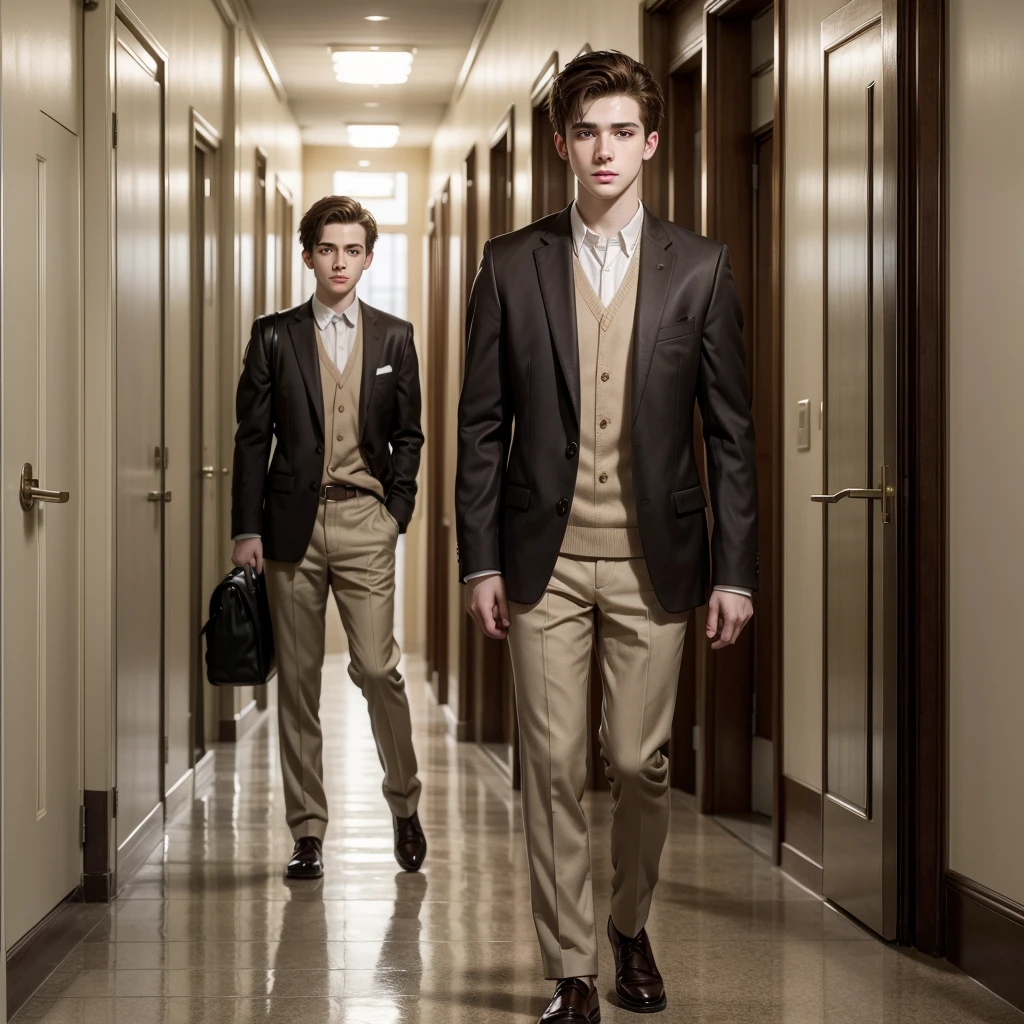 attractive boy, of Brown hair, Brown eyes, pale skin, Delgado, high, dressed in , background a school hallway