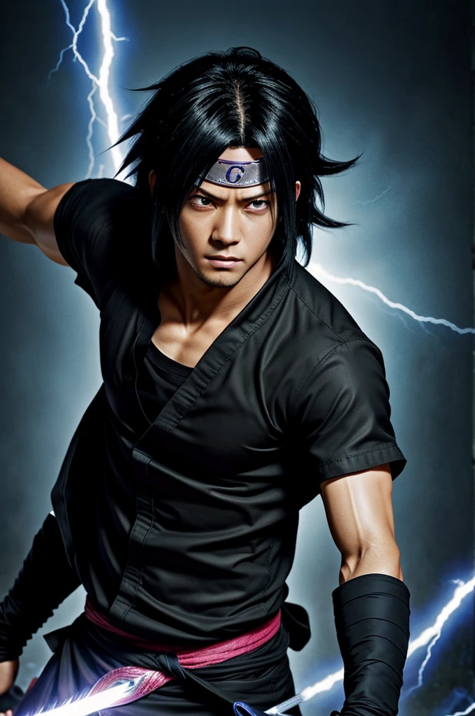 best quality,ultra-detailed,realistic:1.37,Sasuke Uchiha,black shirt,Sharingan eyes,determined expression,intense lighting,Japanese animation style,vivid colors,action scene,background: Hidden Leaf Village,ninja skills,Chidori lightning blade technique,artistic rendering.