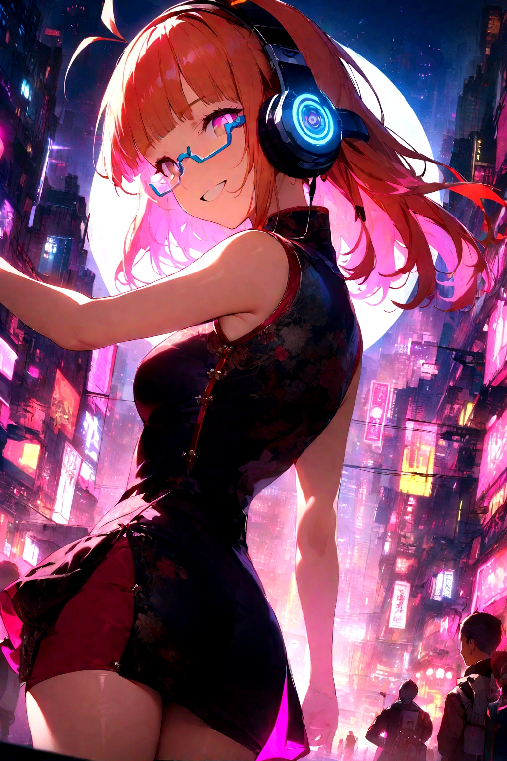 (extremely detailed fine touch:1.3), solo, (((semi-rimless eyewear:1.3))), (headphone:1.2), short hair, blunt bangs,bare arms,1 girl, Chinese_clothes, metallic black titanium and pink, cyberhan, cheongsam, cyberpunk city, dynamic pose, detailed luminescent headphones, luminous hair accessories, long hair, luminous earrings, glowing necklace, cyberpunk, high-tech city, full of mechanical and futuristic elements, futuristic, technology, glowing neon, pink, pink light, sexy skirt, translucent black cape, laser light, digital background urban sky, big moon, with vehicle, best quality, masterpiece, 8K, Character edge light, super high detail, high quality, the most beautiful woman in human beings, smile, face facing front and left and right symmetry, ear decoration, long antenna glow, beautiful pupils, light effects, visual data, silver-red-orange hair dyed hair, ultra-detailed face texture, happy, weapon system, crowded street passers-by, mecha style, overhead luminous antenna, back jet, girl sitting