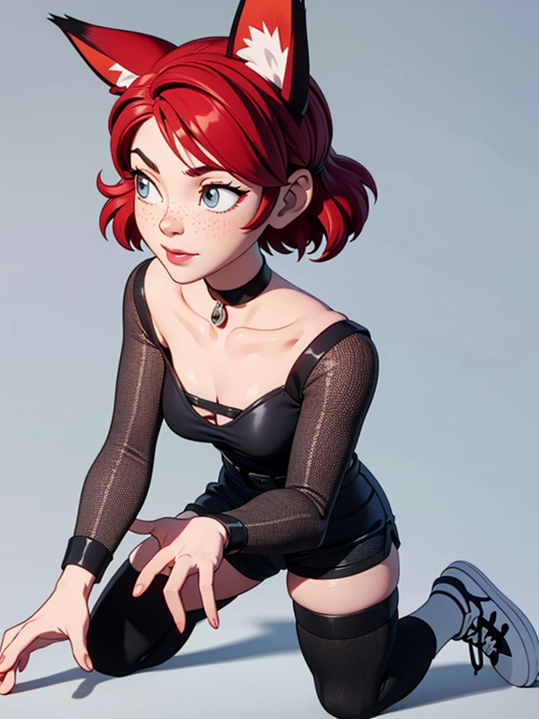 1girl, ager witch, solo, full body, (short pixie cut Hair, undercut red hair: 1.28), ((light gray eyes)), some small freckles, (black tip fox ears: 1.35), pale skin, medium breasts, cleavage, (thin hips, thin waist: 1.25), simple background, looking away, (tight ripped black shirt, choker, short shorts, thigh high stockings, plaid b&w sneakers: 1.11), (kneeling:1.5), masterpiece, best quality,3d rending work ,3DMM style, close-up, portrait, 3D,