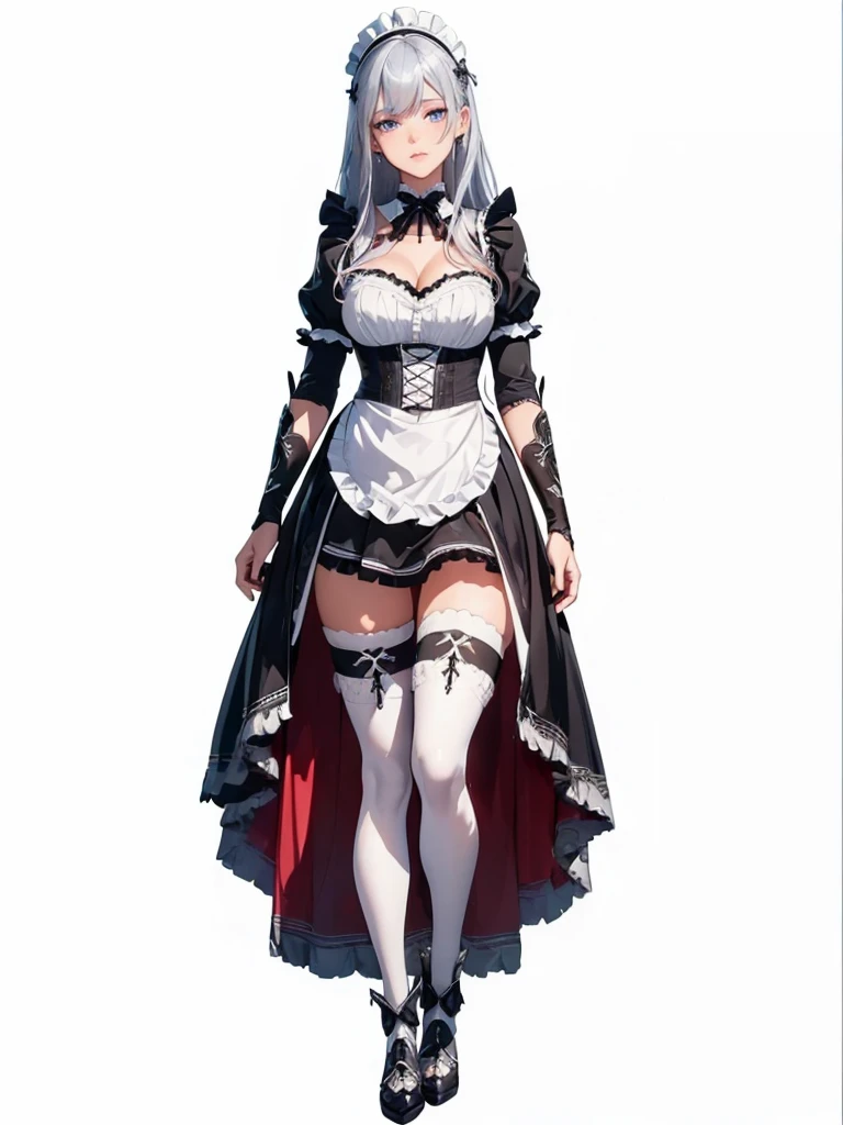 ((1girl, solo)), (((mature female))), beautiful body, (perfect anatomy, perfect body, perfect hands, perfect legs), (five fingers:1.5), natural proportions, body, large breasts, cowboy shot, (legs apart:1.3) ((full body, full body front)) BREAK
((extremely detailed face)), (beautiful detailed eyes:1.6), (realistic pupils, realistic iris:1), expressive eyes, looking at viewer, (clear eyes:1.3), (hyperrealistic:1.2), (detailed skin texture:1.2), smooth skin, blue eyes, (silver hair:1.5), long hair, (detailed lips:1.2), (attractive lips:1.1), (glossy lips:1.1), ((little smlie)), parted lips, perfect face, perfect eyes BREAK
battle maid, ((maid outfit)), maid headdress, maid apron, frills, mini dress, cleavage, detached collar, bow, fantasy armor, black armor, (arm guard:1.3), armor gloves, juliet sleeves, zettai ryouiki, thighs, (black thighhighs:1.5), (greaves:1.5), black footwear, high heels BREAK
(masterpiece:1.5), anime-style, top quality, best quality, (beautiful and aesthetic:1.2), (ultra detail:1.5), Ultra-detailed depiction, Ultra-precise depiction, extremely detailed 8k illustration, high resolution, (highly detailed shading:1.2), (realistic lighting:1.4), perfect lighting, vibrant colors, dynamic tones, striking hues, 8k, absurd resolution, perfect shadows, hdr, UHD, ambient lighting, realistic, ultra-realistic, photo realistic, highly detailed, rich detail, luminous colors, fine texture, intricate design, professional illustration, (soft light:1.2), (illustration:0.7)