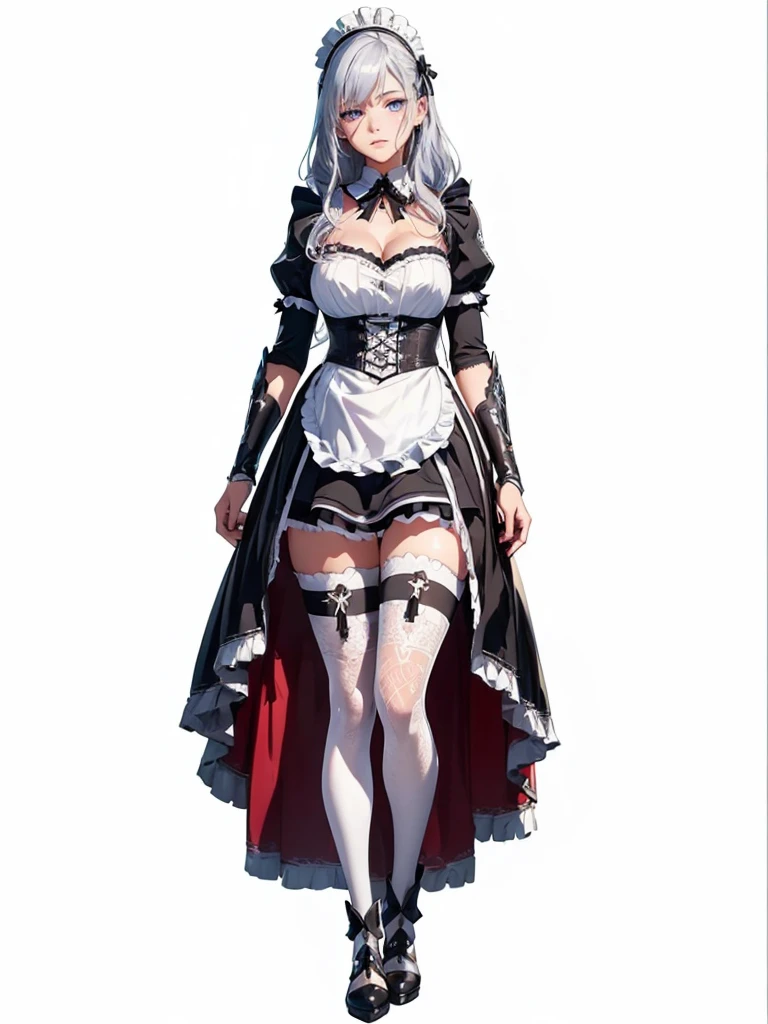 ((1girl, solo)), (((mature female))), beautiful body, (perfect anatomy, perfect body, perfect hands, perfect legs), (five fingers:1.5), natural proportions, sexy body, large breasts, cowboy shot, (legs apart:1.3) ((full body, full body front)) BREAK
((extremely detailed face)), (beautiful detailed eyes:1.6), (realistic pupils, realistic iris:1), expressive eyes, looking at viewer, (clear eyes:1.3), (hyperrealistic:1.2), (detailed skin texture:1.2), smooth skin, blue eyes, (silver hair:1.5), long hair, (detailed lips:1.2), (attractive lips:1.1), (glossy lips:1.1), ((little smlie)), parted lips, perfect face, perfect eyes BREAK
battle maid, ((maid outfit)), maid headdress, maid apron, frills, mini dress, cleavage, detached collar, bow, fantasy armor, black armor, (arm guard:1.3), armor gloves, juliet sleeves, zettai ryouiki, thighs, (black thighhighs:1.5), (greaves:1.5), black footwear, high heels BREAK
(masterpiece:1.5), anime-style, top quality, best quality, (beautiful and aesthetic:1.2), (ultra detail:1.5), Ultra-detailed depiction, Ultra-precise depiction, extremely detailed 8k illustration, high resolution, (highly detailed shading:1.2), (realistic lighting:1.4), perfect lighting, vibrant colors, dynamic tones, striking hues, 8k, absurd resolution, perfect shadows, hdr, UHD, ambient lighting, realistic, ultra-realistic, photo realistic, highly detailed, rich detail, luminous colors, fine texture, intricate design, professional illustration, (soft light:1.2), (illustration:0.7)