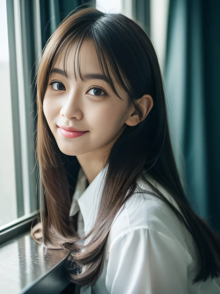 ((top-quality, 8K, ​masterpiece:1.3)), beautiful Girl, pure, Melon face, gentle and cute, A sweet smile, pure lust, slender figure, (The upper part of the body), (frontage), (tilted head), Look directly at the camera, Uniforms, white shirt, blue skirt, obi, Formal, Black silky long straight hair, long hair flowing over the shoulders, round black big eyes, clear big eyes, Wet red lips, Dolce, sitting on bed,  Window sill background, Random body orientation,