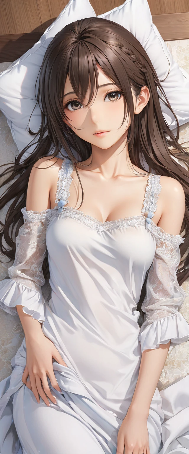 (masterpiece, Highest quality:1.2), One girl, alone,bony body、15 years old、Anime Style、(masterpiece, Highest quality:1.2), One girl, alone,bony body、15 years old、lie , pillow hug dakimakura (object) , master piece , best quality , detailed , (matured female) , blouse , room , indoor