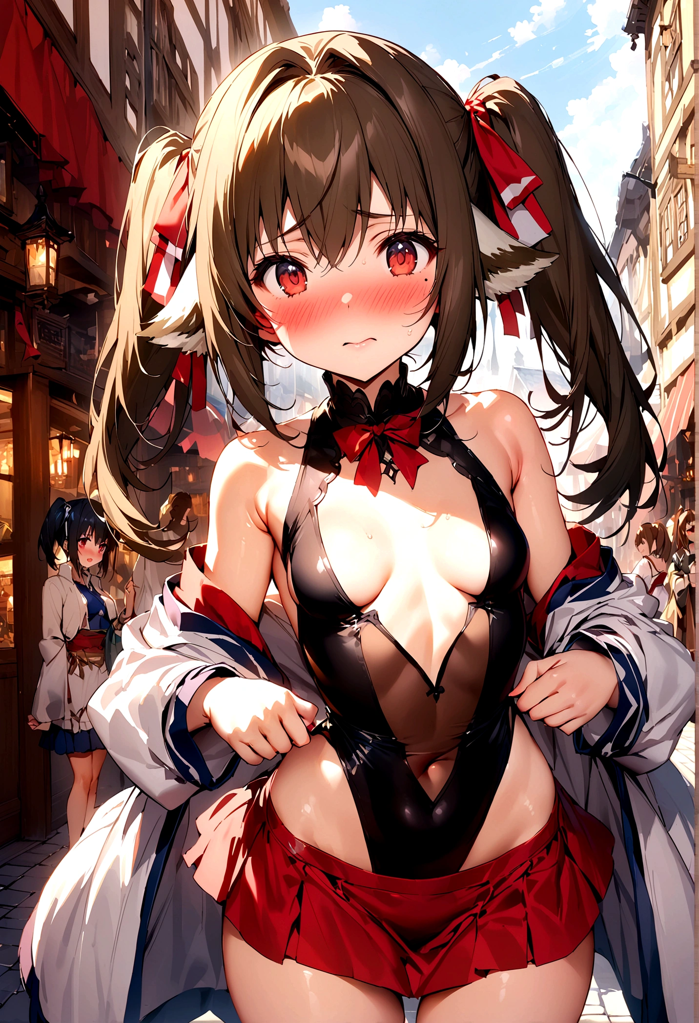 NSFW,masterpiece,Highest quality,High resolution,Super detailed,Nekone \(Utawarerumono\),Brown Hair、(Red Eye:1.3)、ribbon,Twin tails、ヘアribbon、Mole、目の下のMole,Small breasts,Fantasy World,Shopping Street,Japanese style,mini skirt,leotard,Half-naked,Open clothes,Embarrassed,blush,(Seduce)