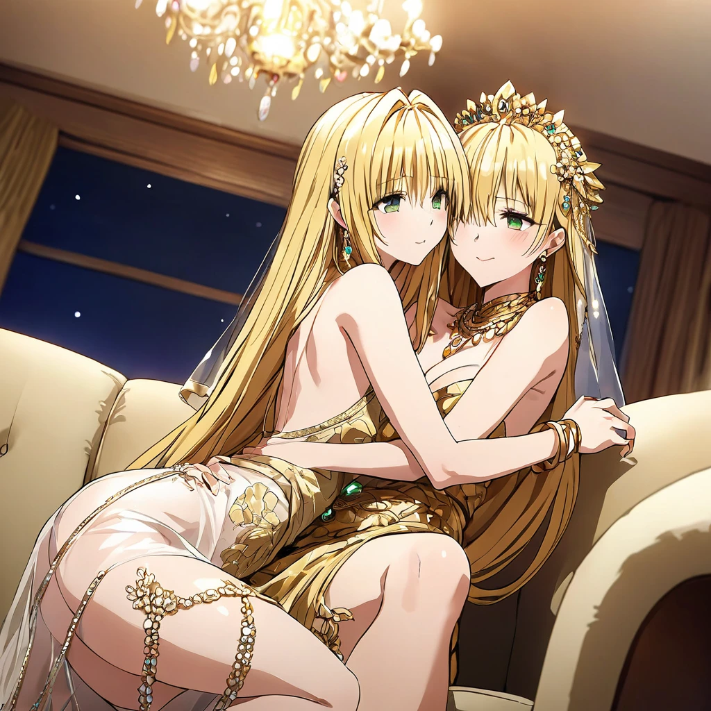 ((Highest quality)), ((masterpiece)), (detailed), (Perfect Face)、The woman and her -yeld dater are standing close together, with the daughter hugging the woman.、The woman was a tiare with green eyes and medium-long blonde hair, and was wearing a luxurious, shiny, gold-colored, long-slit see-through dress with gorgeous embroidery and trim, which allowed her skin to show through, a gold-colored see-through cape, and a gold-colored see-through veil. She was wearing a gorgeous jeweled hair accessory, a jeweled head dress chain, a jeweled waist chain, a gorgeous necklace, bracelets, ankle bracelets, jeweled earrings, and shiny gold boots. She was also wearing an engagement ring.、The woman is sitting on a luxurious sofa in a luxurious room with her 16-year-o daer an man, enjoying a family gathering.、The man is a dignified, bearded, elderly man of great wealth, wearing luxurious clothing with gold embroidery and trim.、The 16-year-old girl, o rbles woman, is wearing the same clothes as the woman and hugging her mother.