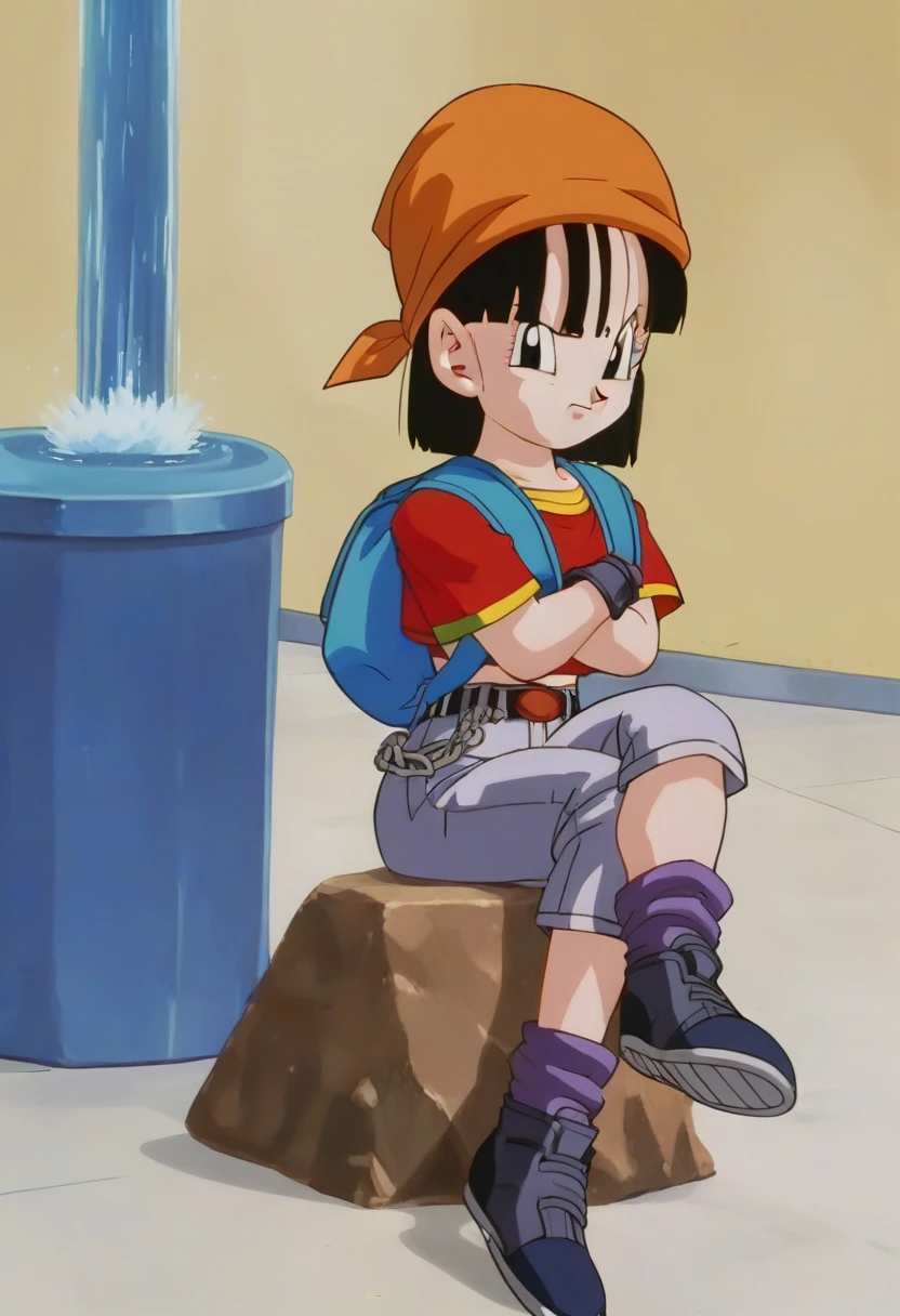 fountain_cheered up, score_9, score_8_above, score_7_above, cheered up screencap,8k, absurd resolution,
Pan \(Dragon Ball\), 1 girl, Alone, looking at the viewer, short hair, hits, black fur, session, whole body, short sleeves, sneakers, black gloves, golden ornaments, loose socks, belt, blue bag, black shoes, black eyes, chain, crossed arms, crossed legs, schoolbag, denim, Red shirt, orange scarf, retro artStyle, female , grey Pants, Waist bag, purple tights, Shoe soles, v shaped eyebrows, from below, rock, diaphragm, clavicle, 1990s \(Style\)