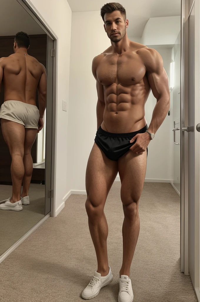 Tall figure man , broad shoulders and round belly. Round knees and calves round thighs.