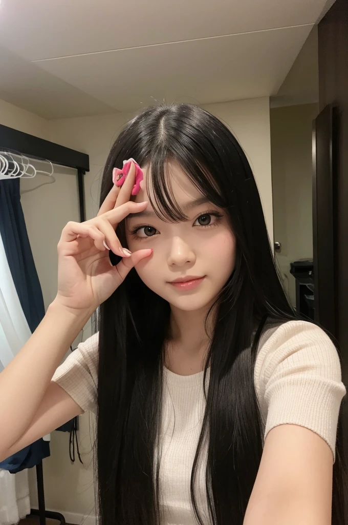 black long hair,cute,selfie in room
