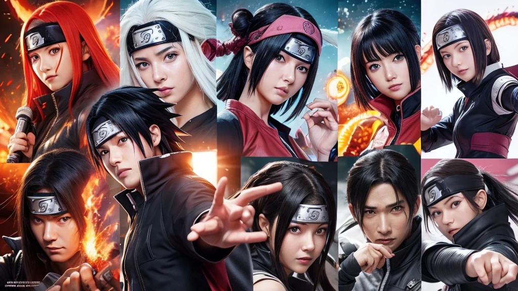 Please make some characters from the manga NARUTO into live-action films.、high quality、high resolution、4K、Please draw with attention to detail、Spiral Naruto、uchiha sasuke、Haruno sakura、rock.Lee