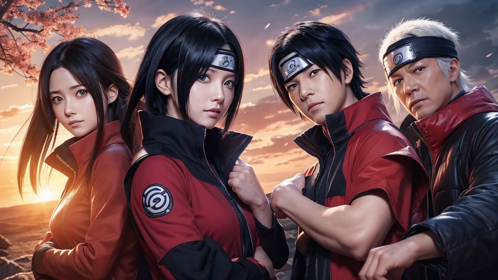 Please make some characters from the manga NARUTO into live-action films.、high quality、high resolution、4K、Please draw with attention to detail、Spiral Naruto、uchiha sasuke、Haruno sakura、rock.Lee