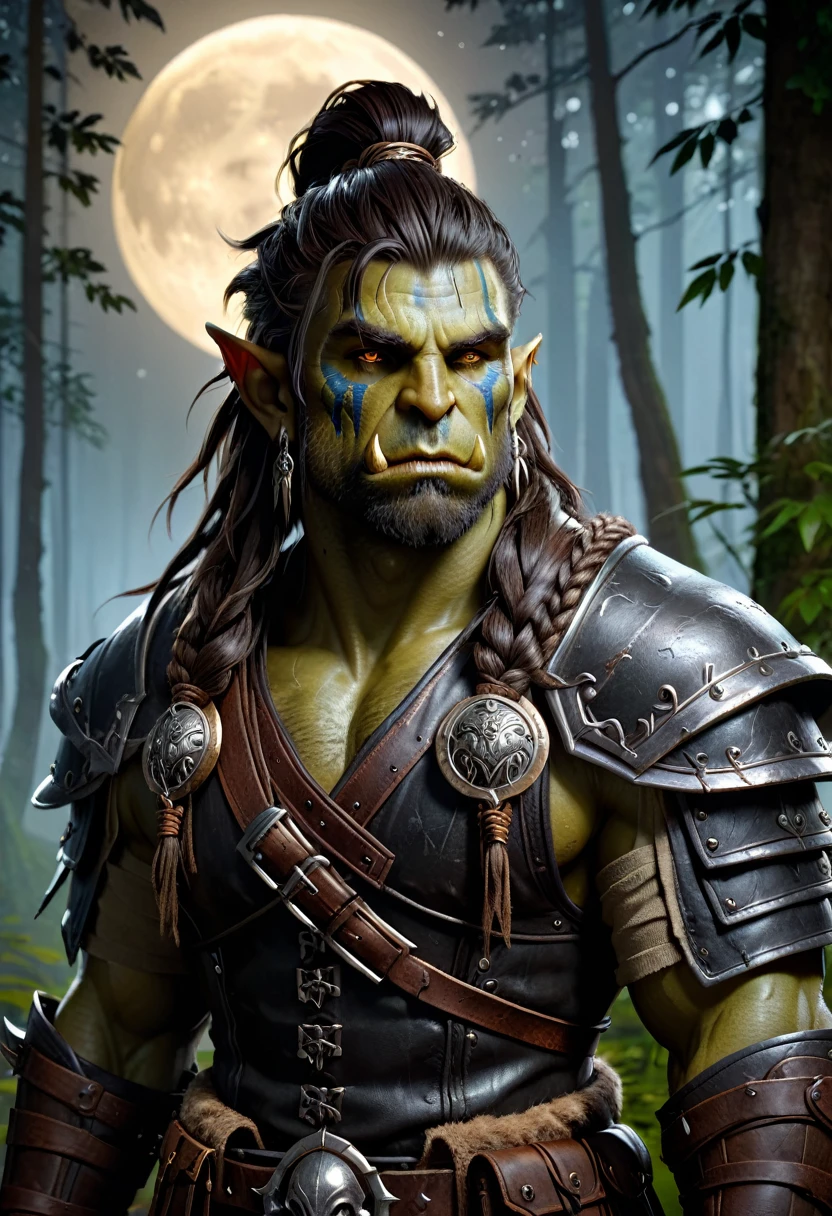 Full-body image, 8K, A masterpiece, the most detailed, the highest quality, the perfect look. too realistic oil, create fit, tan, muscle, dark theme, dense forest, full moon, night, dark, fantasy, Orc man in leather assassin armor, long single war braid hair with shaved sides, dusty detail ornaments, battle weary, man warrior, armor, epic, face scar, dnd character portrait, intricate, 8k resolution, dynamic lighting, hyperdetailed, unreal 5, volumetric lighting, alphonse mucha, pre-raphaelite, detailed background, detailed face, detailed eyes, tusks