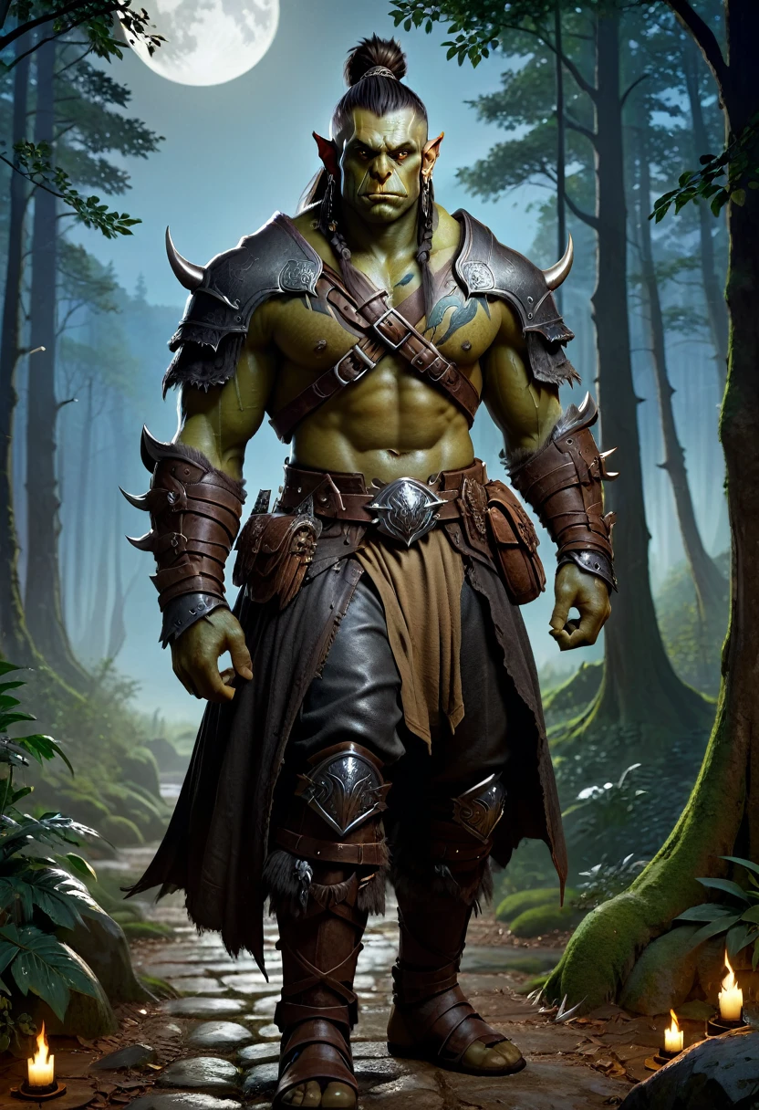 Full-body image, 8K, A masterpiece, the most detailed, the highest quality, the perfect look. too realistic oil, create fit, tan, muscle, dark theme, dense forest, full moon, night, dark, fantasy, Orc man in leather assassin armor, long single war braid hair with shaved sides, dusty detail ornaments, battle weary, man warrior, armor, epic, face scar, dnd character portrait, intricate, 8k resolution, dynamic lighting, hyperdetailed, unreal 5, volumetric lighting, alphonse mucha, pre-raphaelite, detailed background, detailed face, detailed eyes, tusks