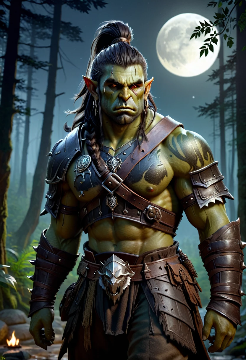 Full-body image, 8K, A masterpiece, the most detailed, the highest quality, the perfect look. too realistic oil, create fit, tan, muscle, dark theme, dense forest, full moon, night, dark, fantasy, Orc man in leather assassin armor, long single war braid hair with shaved sides, dusty detail ornaments, battle weary, man warrior, armor, epic, face scar, dnd character portrait, intricate, 8k resolution, dynamic lighting, hyperdetailed, unreal 5, volumetric lighting, alphonse mucha, pre-raphaelite, detailed background, detailed face, detailed eyes, tusks