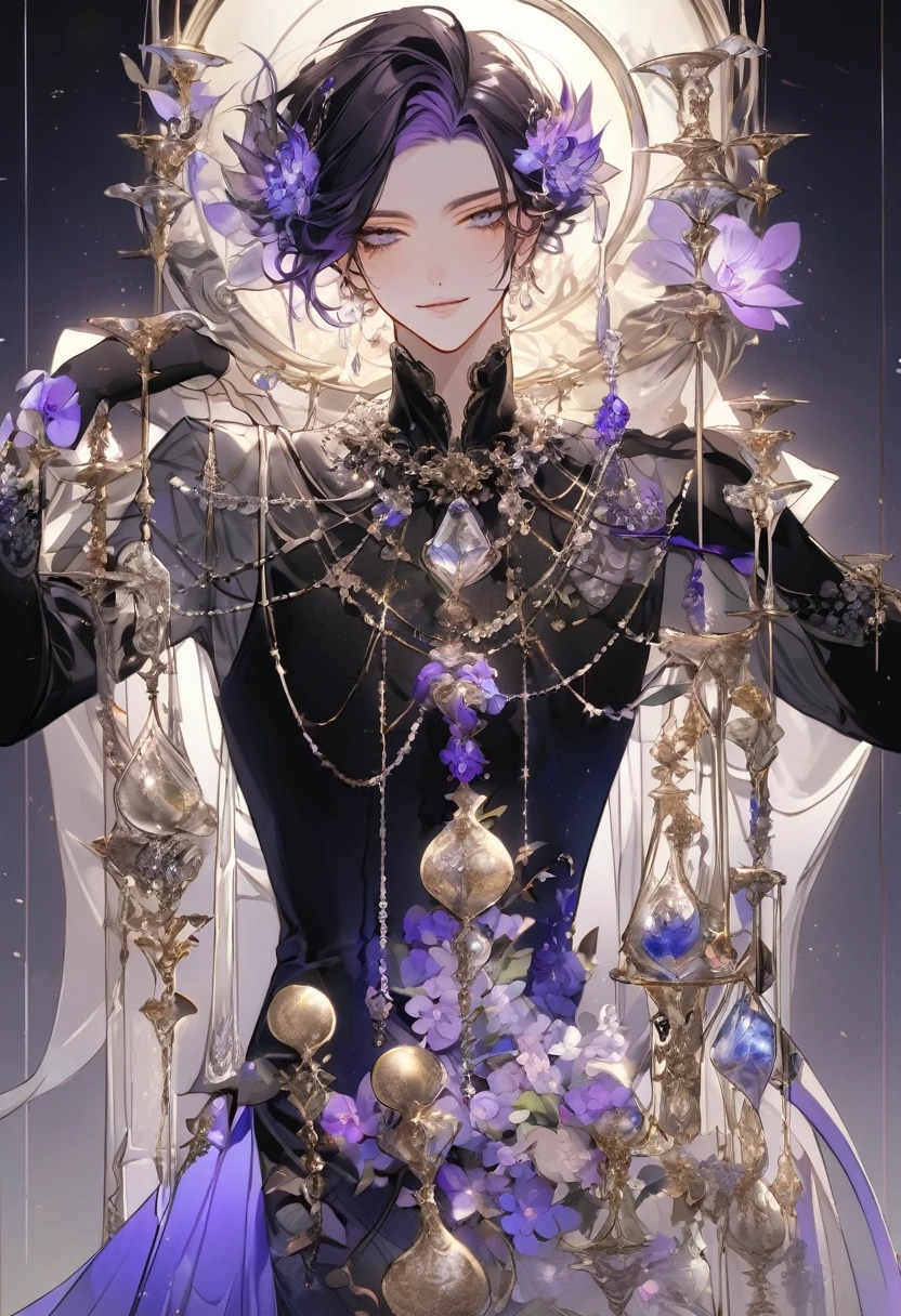 Feminine boy, soft womanish facial features, smile, squinted siren dark blue eyes without glare, silver and dark purple long loose hair with straight bang, fantasy black clothes with blue and purple elements, long black gloves, model, gorgeous, elegant, lots of silver jewelry, flowers in his hair, skinny body, hourglass figure, light lipstick