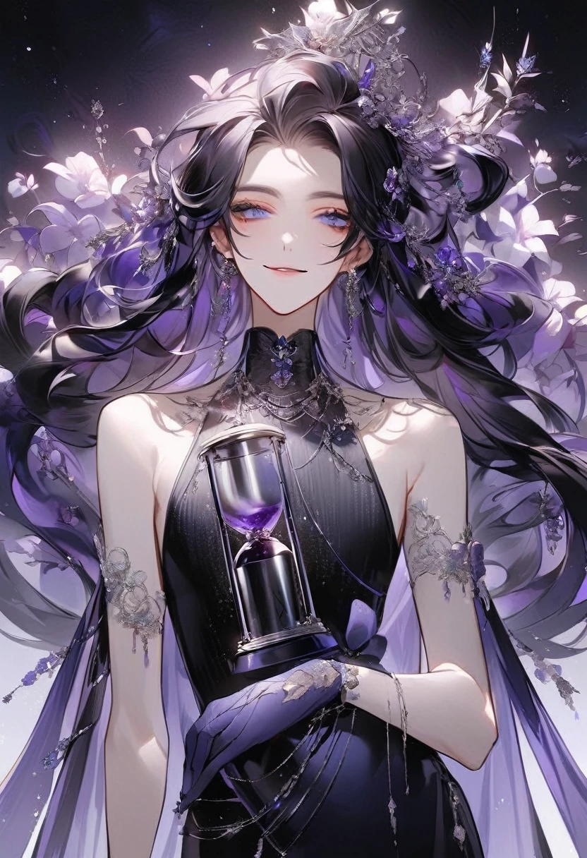 Feminine boy, soft womanish facial features, smile, squinted siren dark blue eyes without glare, silver and dark purple long loose hair with straight bang, fantasy black clothes with blue and purple elements, long black gloves, model, gorgeous, elegant, lots of silver jewelry, flowers in his hair, skinny body, hourglass figure, light lipstick