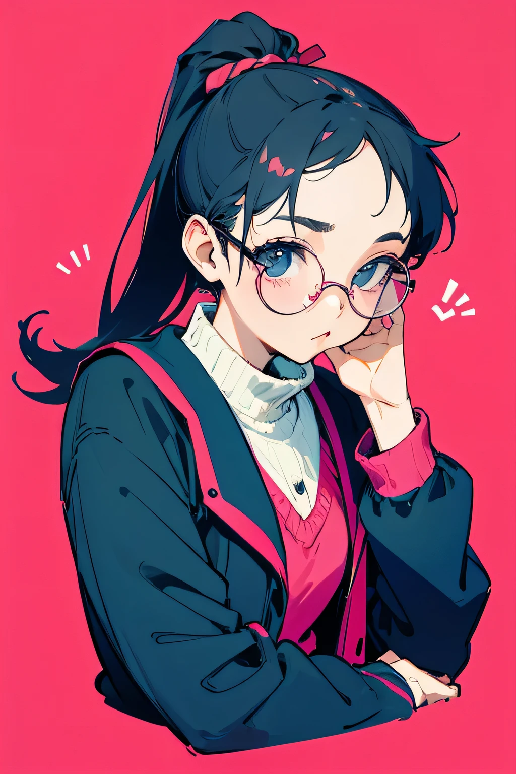 Cute girl, 16 years old, round glasses, ponytail, pretending to tie her hair.