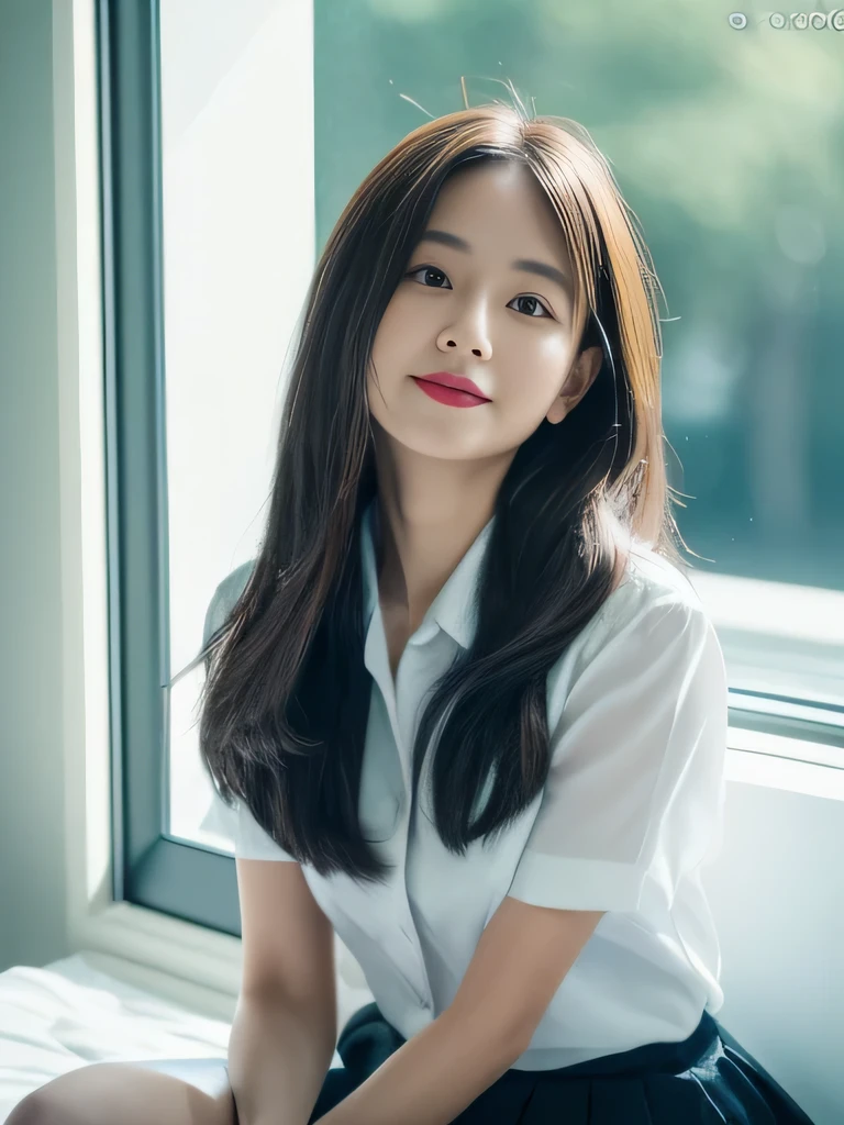((top-quality, 8K, masterpiece:1.3)), beautiful Girl, pure, Melon face, gentle and cute, A sweet smile, pure lust, slender figure, (The upper part of the body), (frontage), (tilted head), Look directly at the camera, Uniforms, white shirt, blue skirt, obi, Formal, Black silky long straight hair, long hair flowing over the shoulders, round black big eyes, clear big eyes, Wet red lips, Dolce, sitting on bed, Window sill background, Random body orientation,