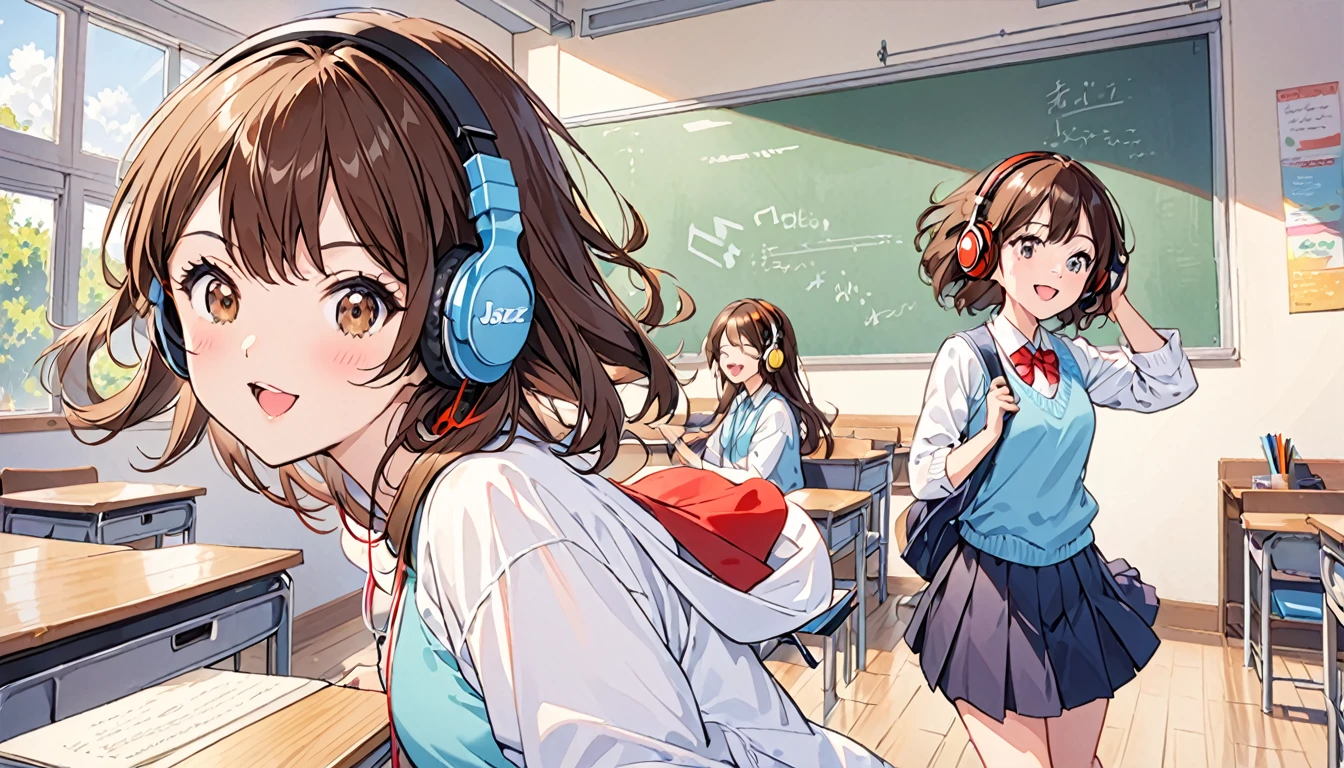 Girl wearing headphones,Brown Hair,One girl,fun,bright,jazz,The background is the classroom